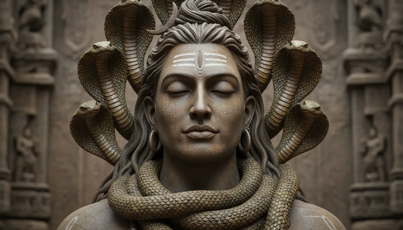 Close-up Shiva artwork with multiple snakes around the head, shoulders, and neck.