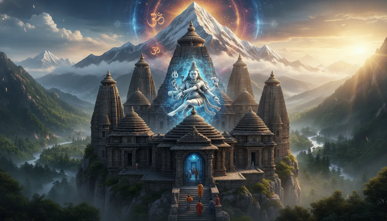 Shiva temple with Mount Kailash background spiritual landscape