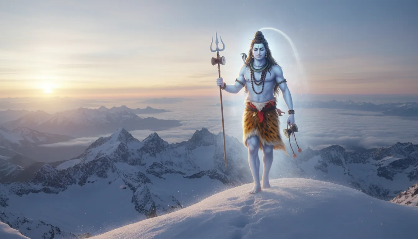 Lord Shiva walking on snowy peaks, surrounded by a serene blue aura and divine light.