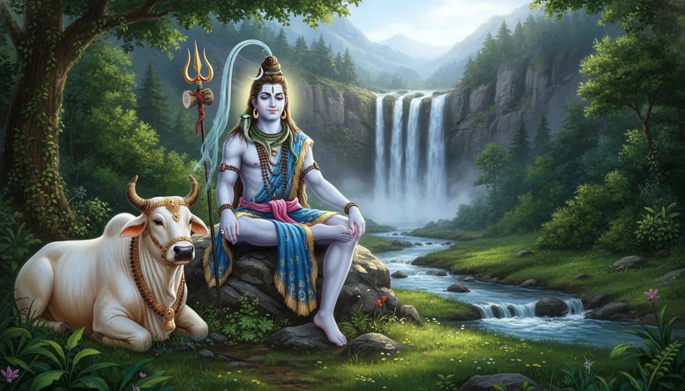 A peaceful and detailed image of Lord Shiva sitting on a rock with his faithful vahana, Nandi the Bull.