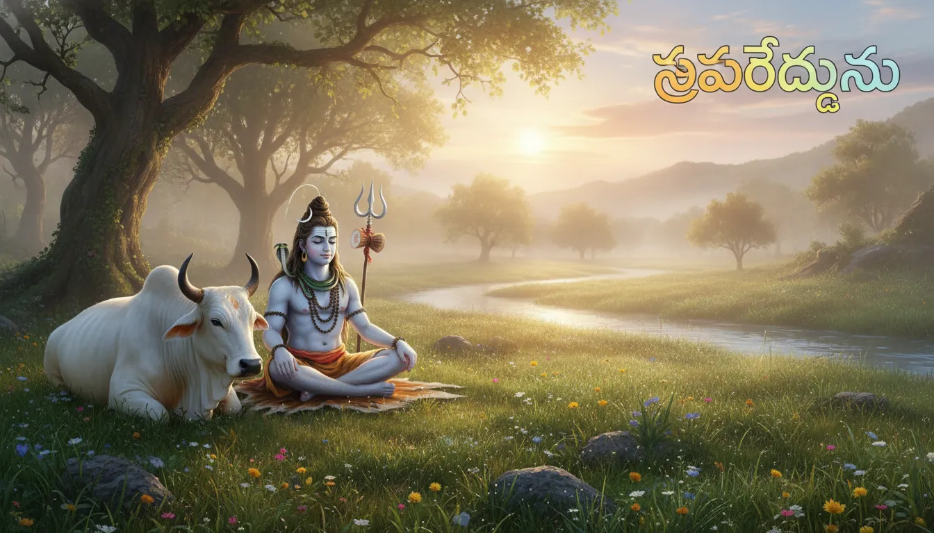 Lord Shiva sitting with Nandi in a green landscape with Telugu greetings.