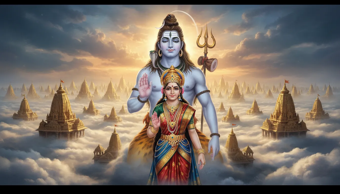 Majestic artwork of Shiva and Parvati rising above clouds with temples in the distance.