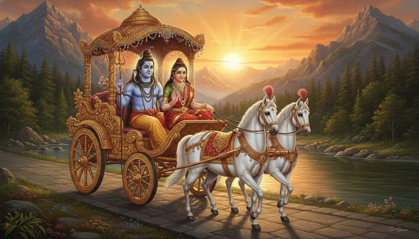 Shiva and Parvati seated on a golden chariot pulled by white horses under a dramatic sky.