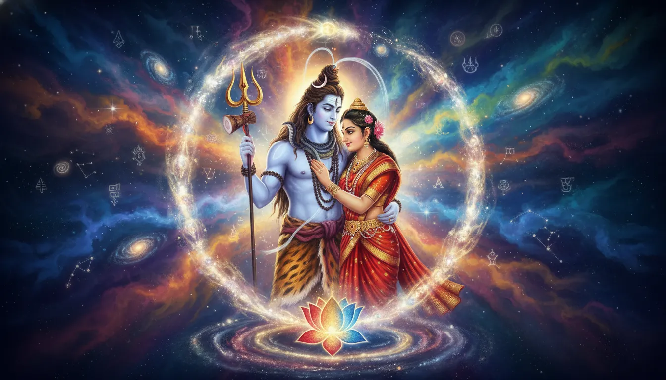 Lord Shiva and Goddess Parvati's celestial union, surrounded by divine light and cosmic energy.