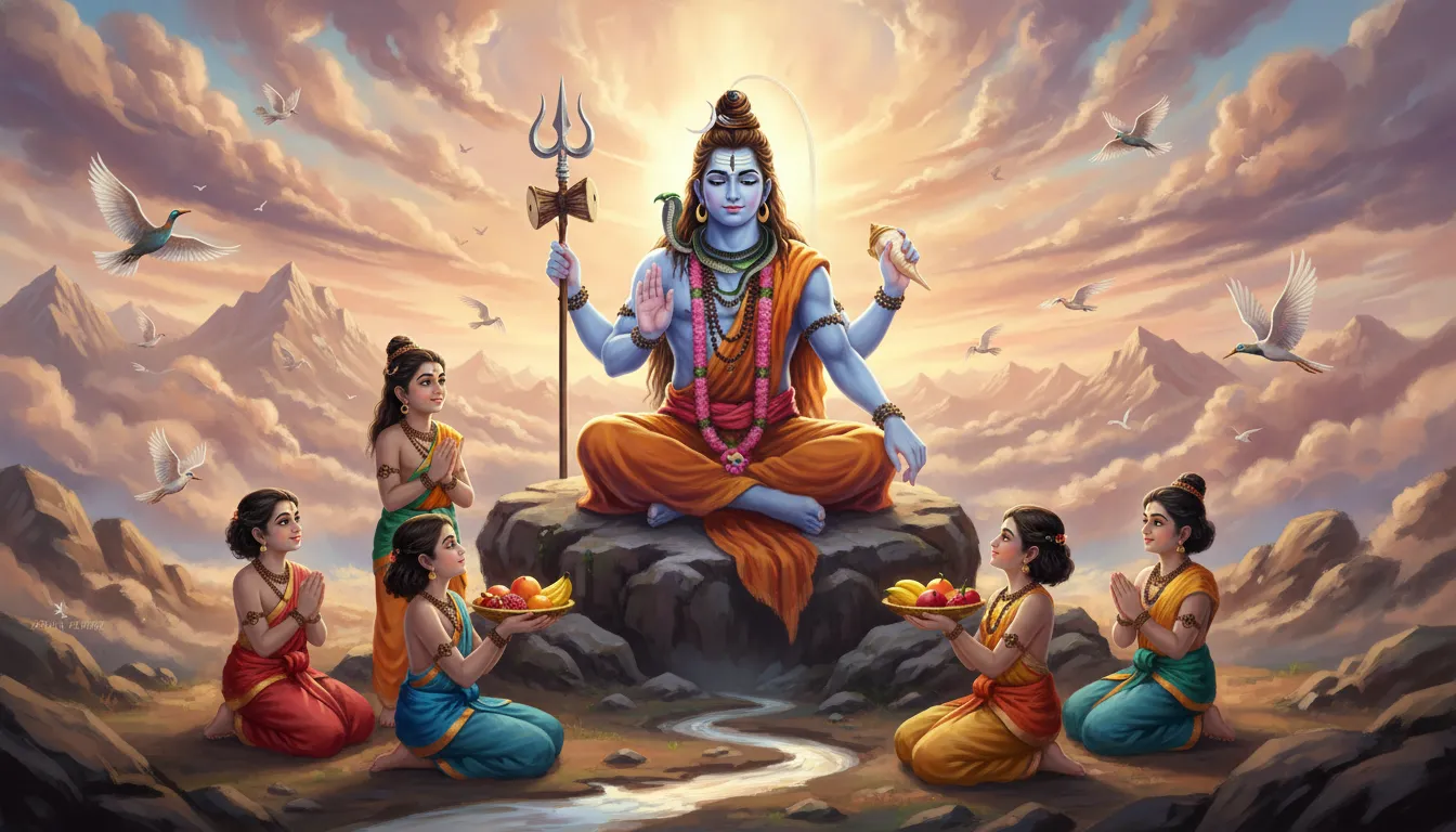Large seated Shiva figure surrounded by children offering fruits in a dreamy sky-filled landscape.