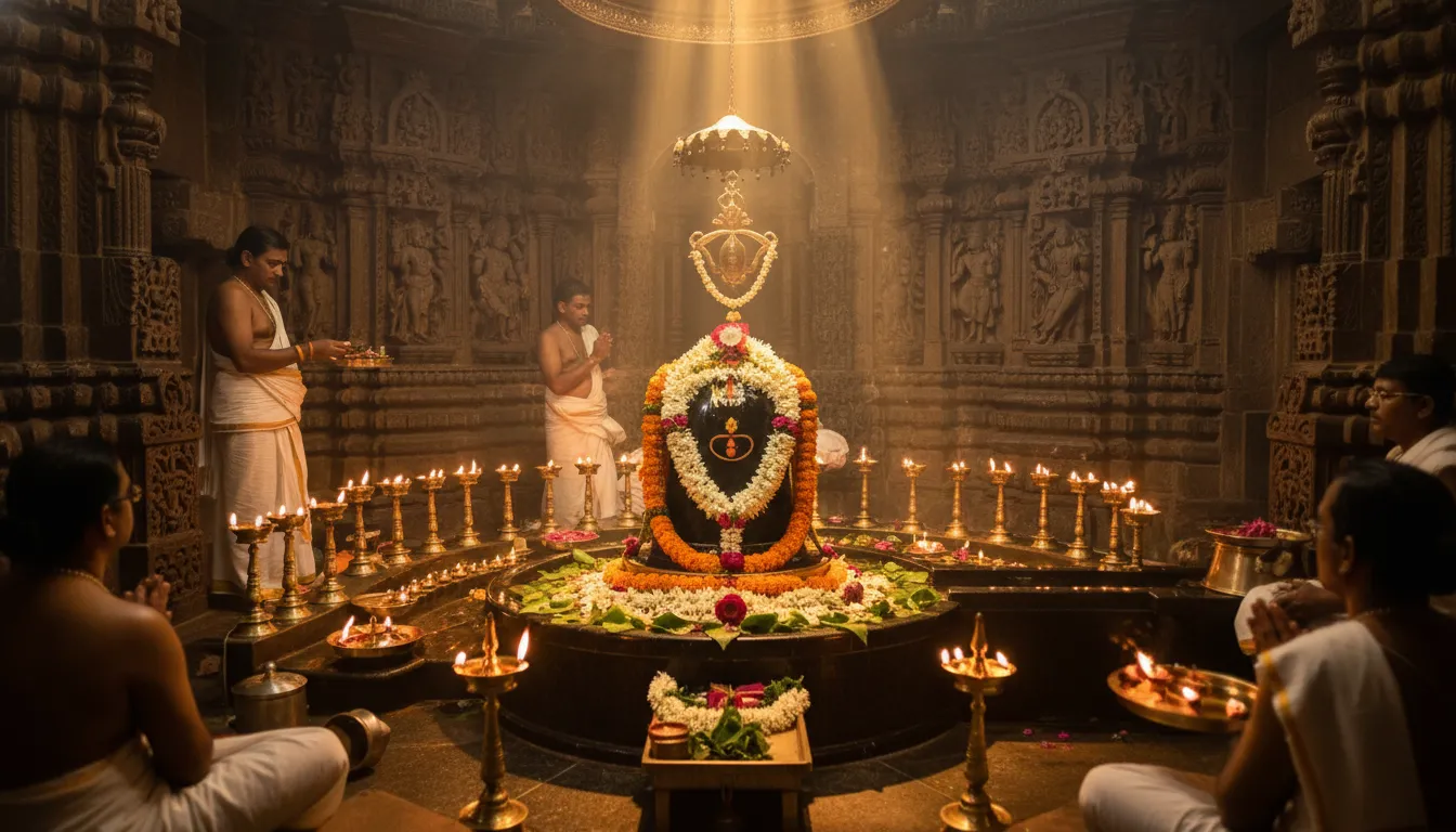 Shivalinga surrounded by temple lights