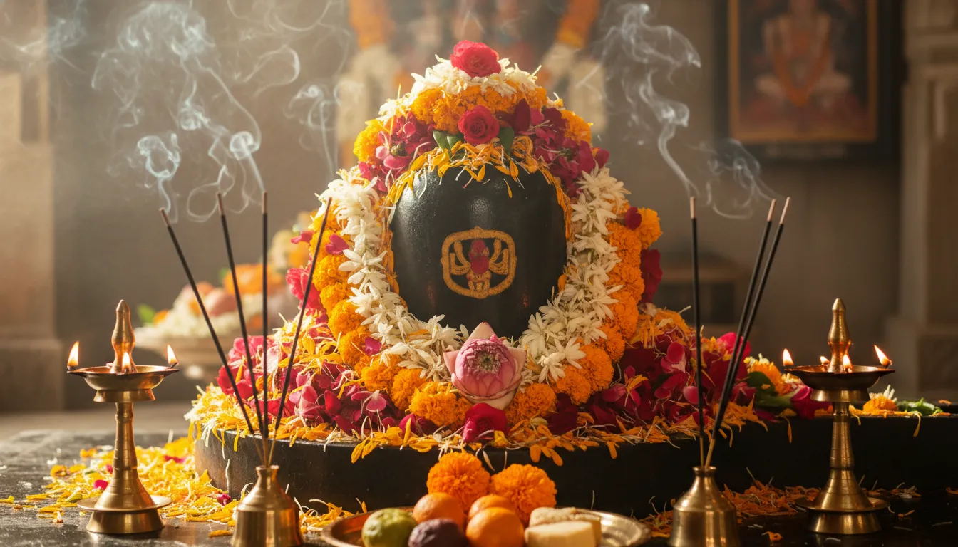 Shivalinga adorned with petals, incense burning