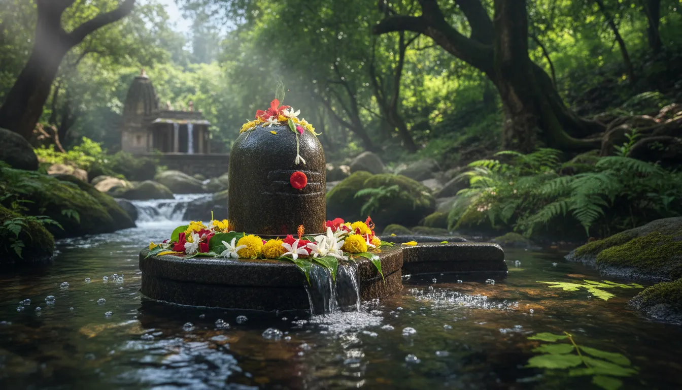 Shivalinga with flowers, water, and natural surroundings