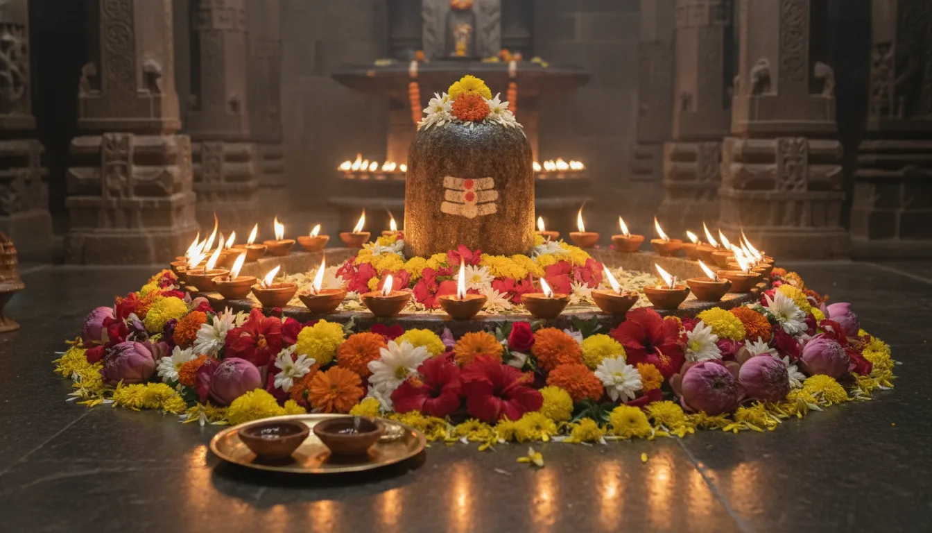 Shivalinga surrounded by traditional lamps and flowers
