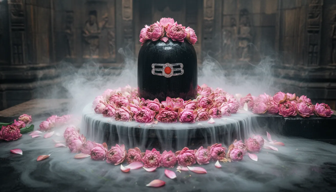 Shivalinga decorated with vibrant lotus flowers
