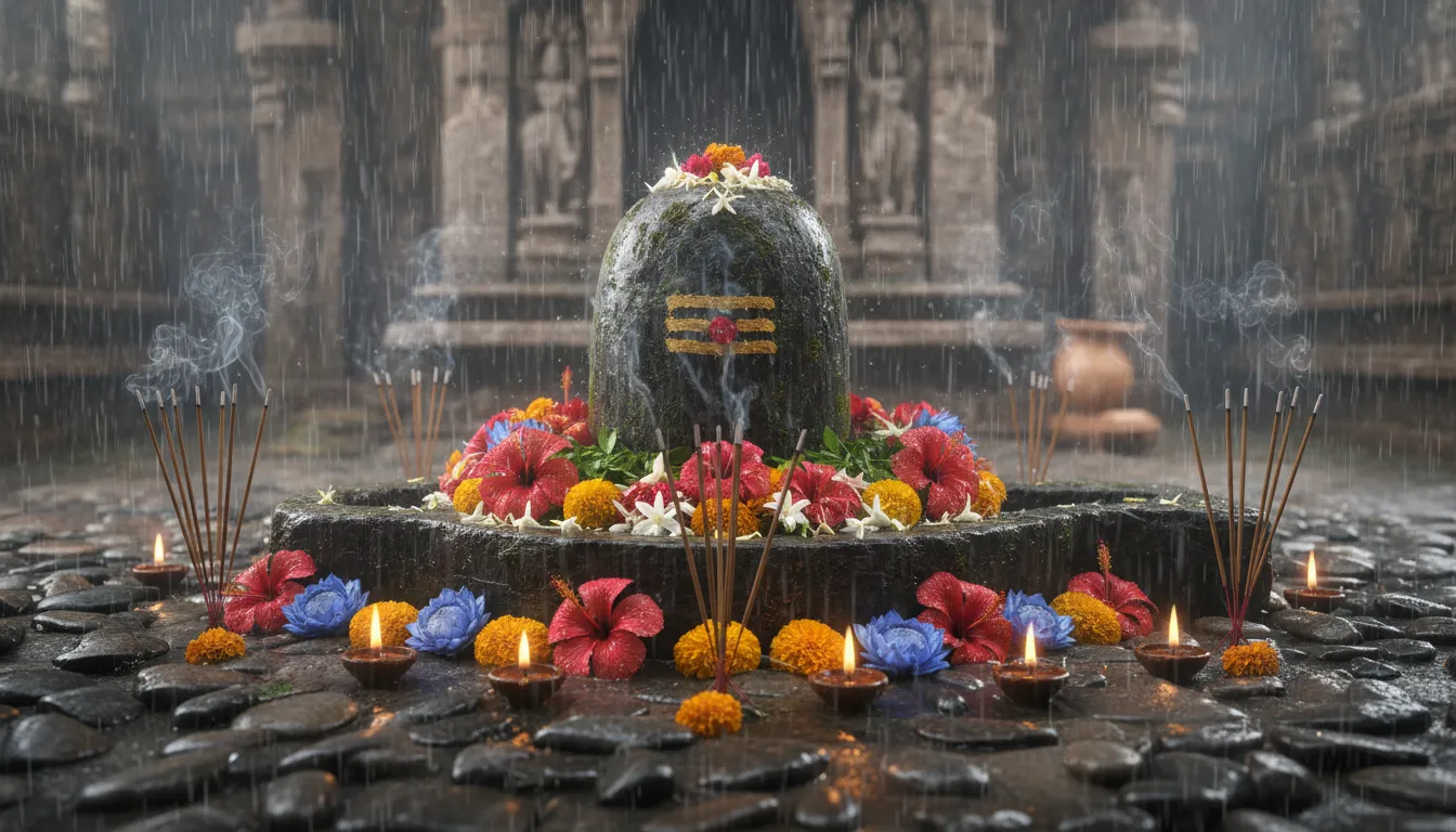 Shivalinga with flowers in the rain