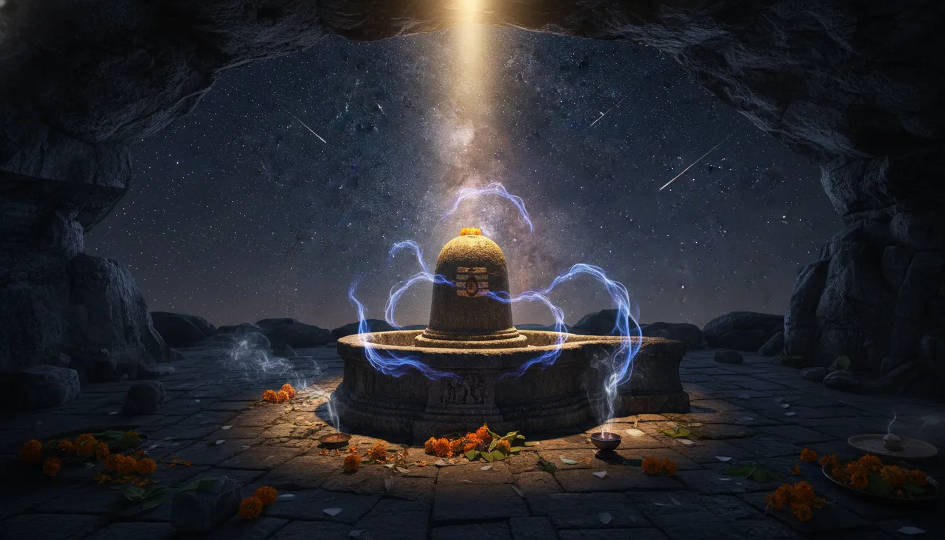 Shivalinga illuminated under a night sky