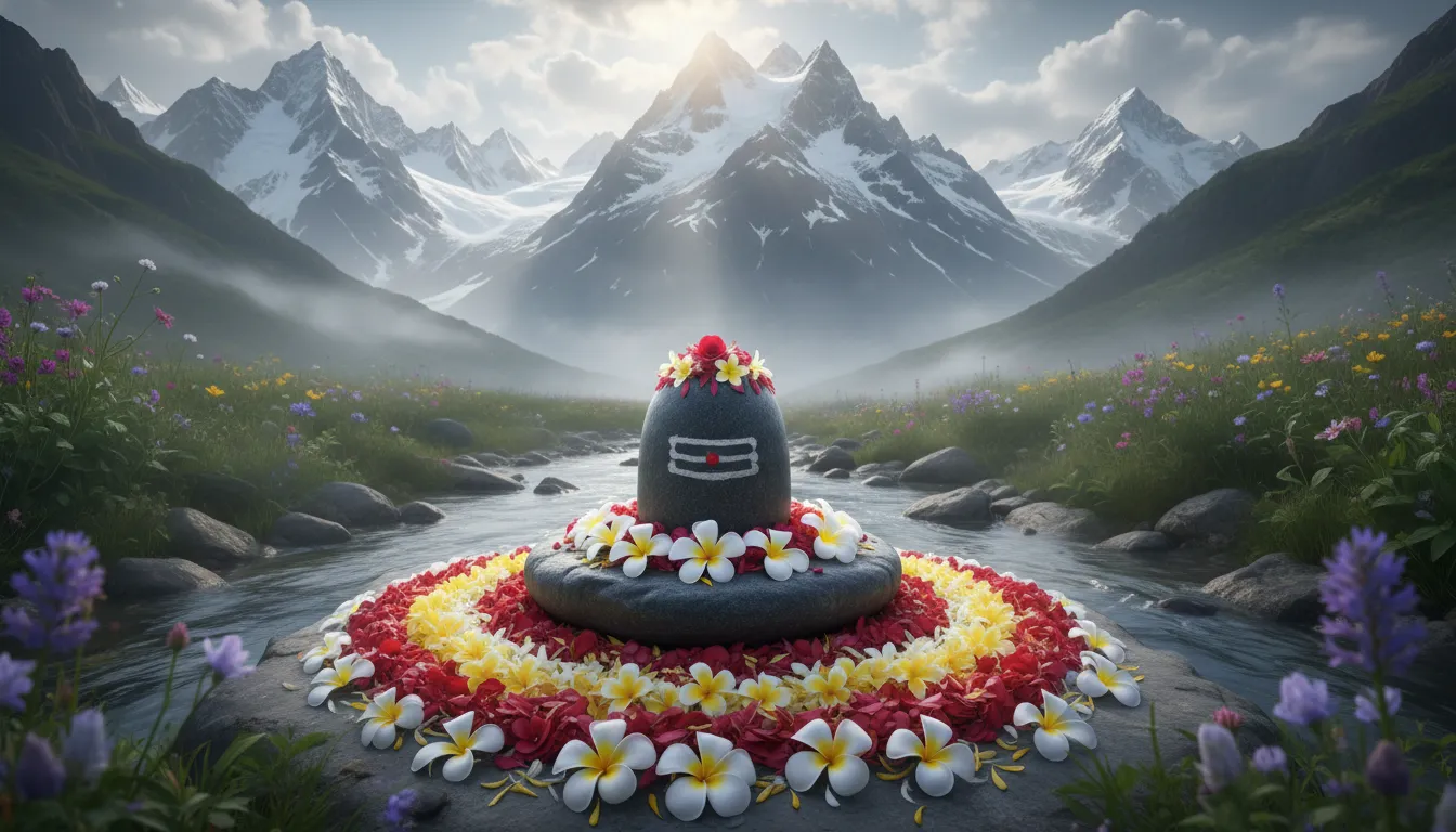 Shivalinga surrounded by petals with mountain backdrop