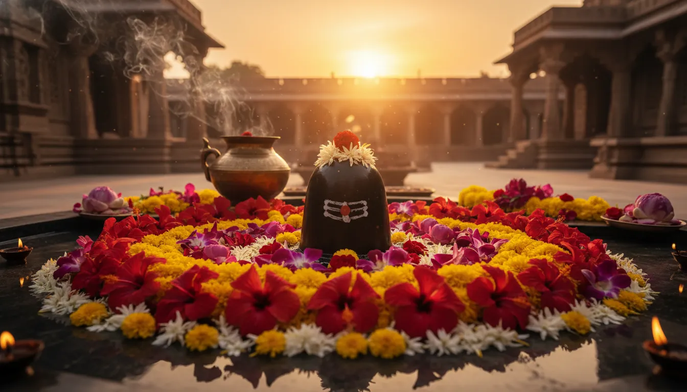 Shivalinga surrounded by flowers during sunset