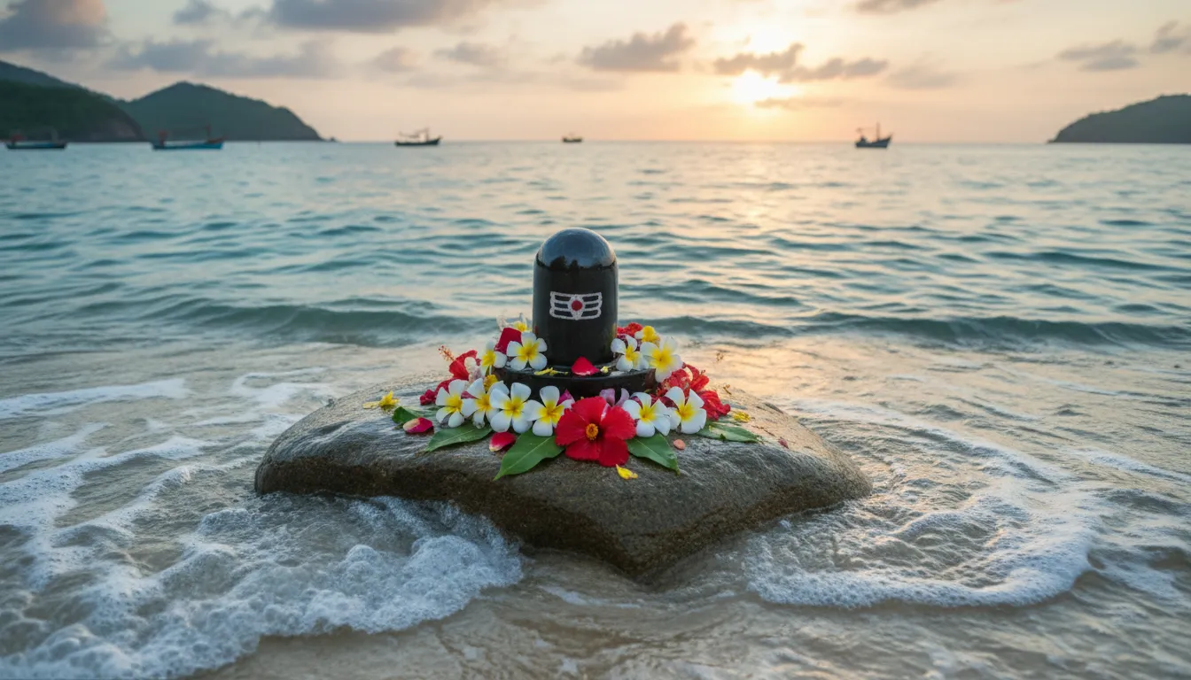 Shivalinga with flowers near the ocean