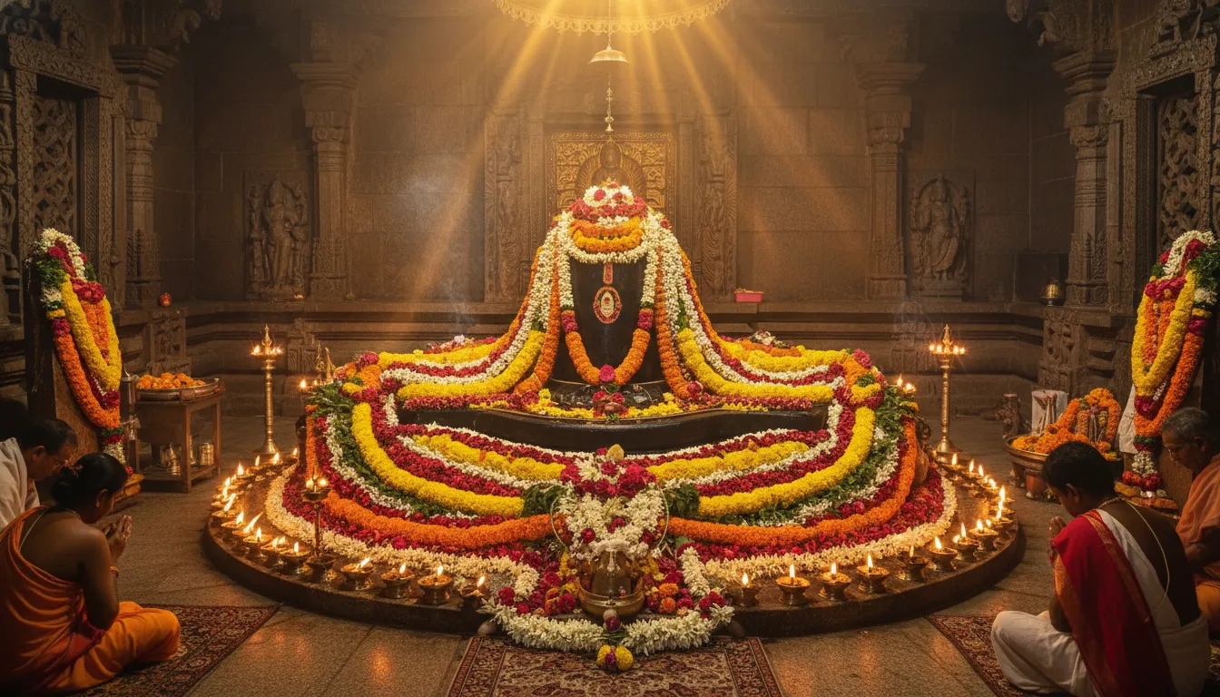 Shivalinga with flower garlands in temple