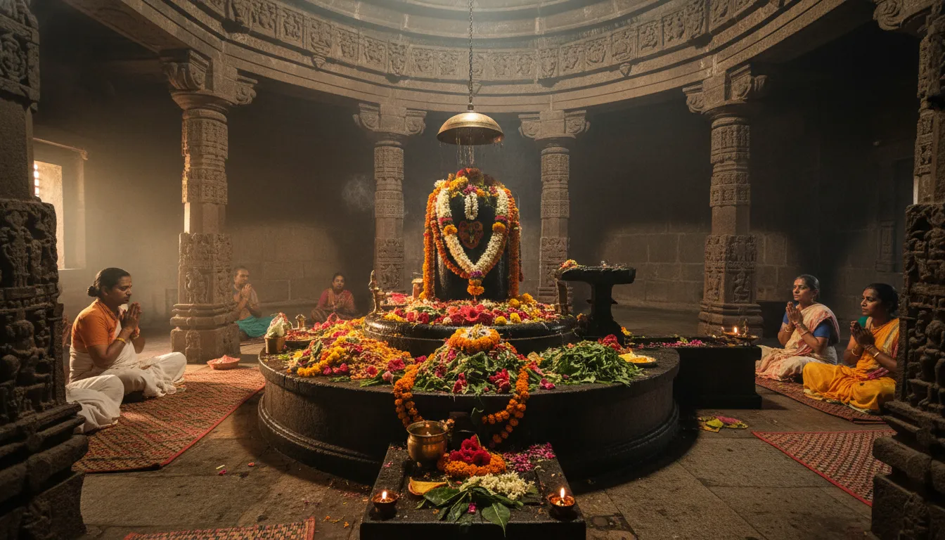 Shivalinga in temple with spiritual offerings and flowers