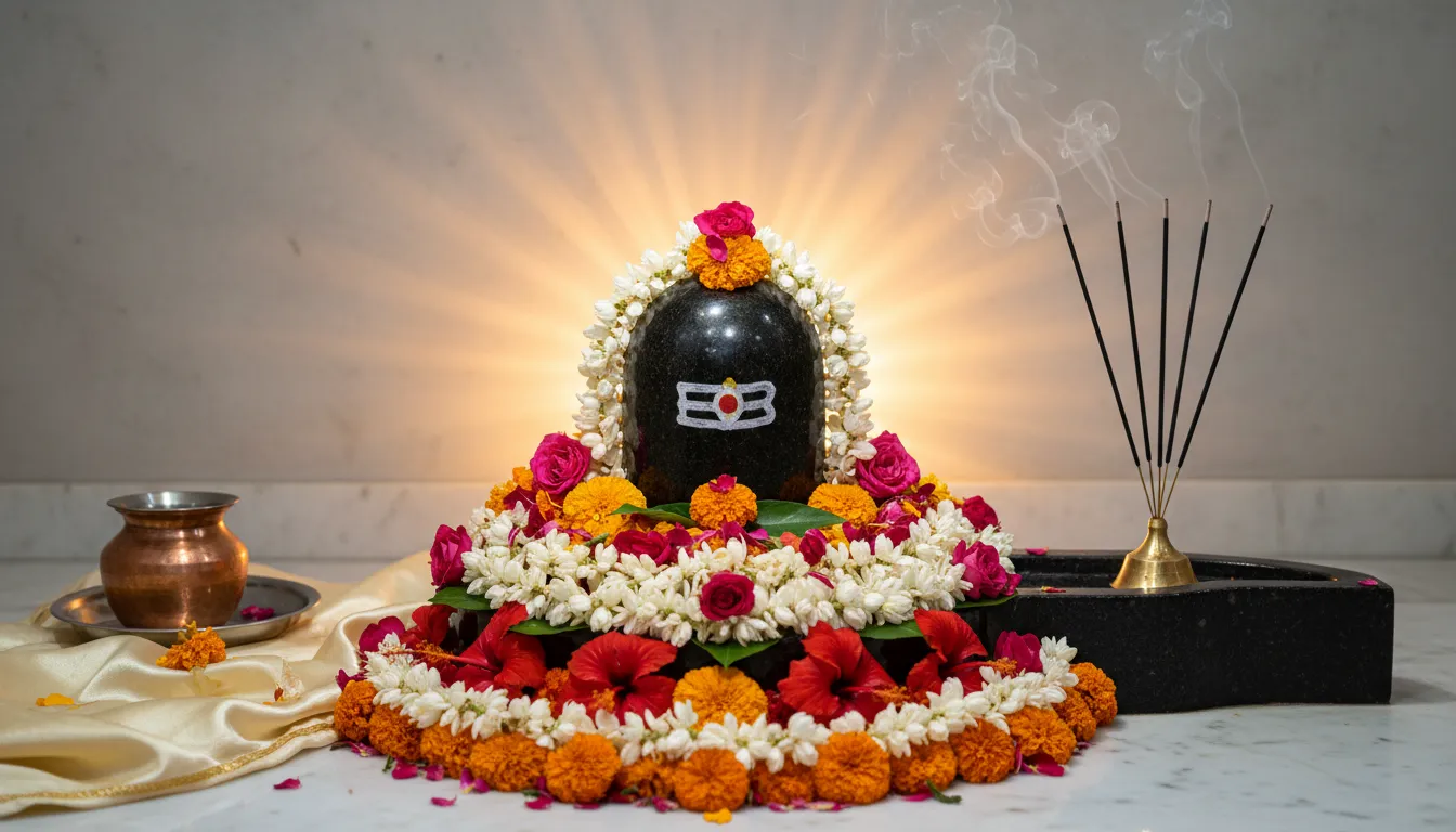 Shivalinga decorated with flowers and incense