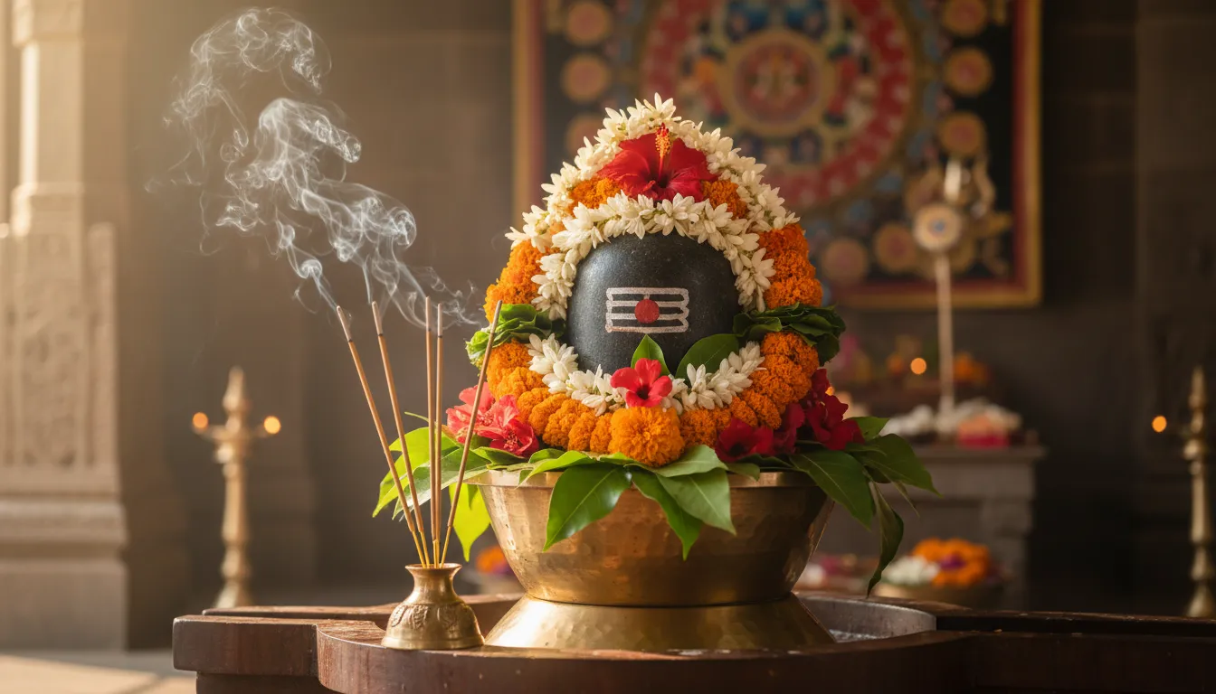 Shivalinga surrounded by flowers and incense sticks