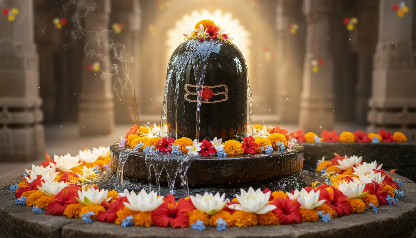 Shivalinga surrounded by flowers and holy water