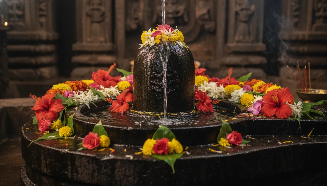 Shivalinga with flowing water and flower offerings