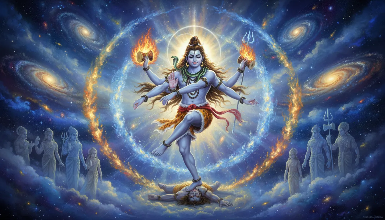 Lord Shiva in a graceful dance pose, surrounded by cosmic energy and light.