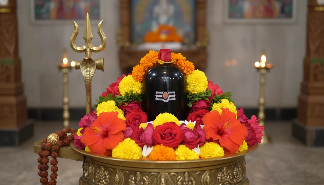 small Shiva lingam decorated with red flowers and placed on ritual base with trident
