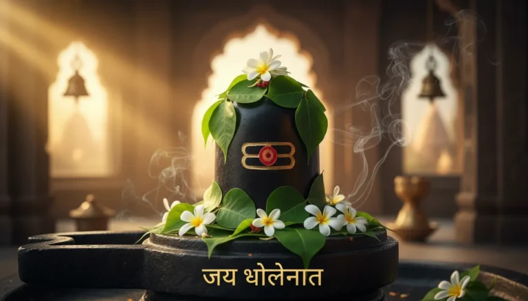 Shiva Lingam decorated with flowers and morning sunlight in Hindi