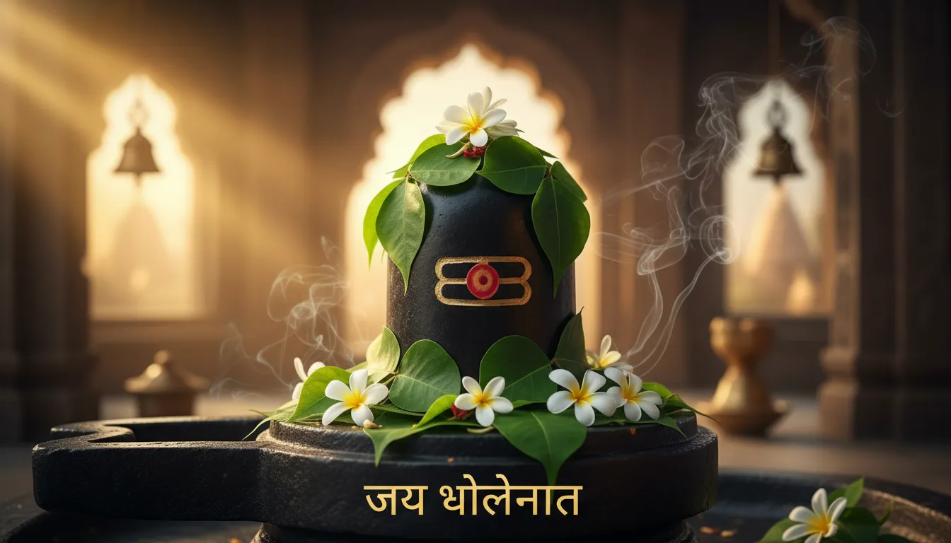 Shiva Lingam decorated with flowers and morning sunlight in Hindi