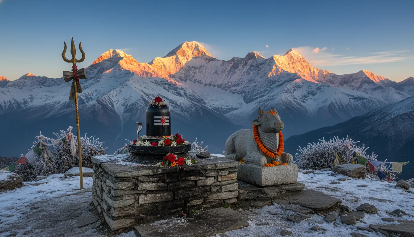 Shiva Lingam and Nandi statue situated in the snowy Himalayan mountains.