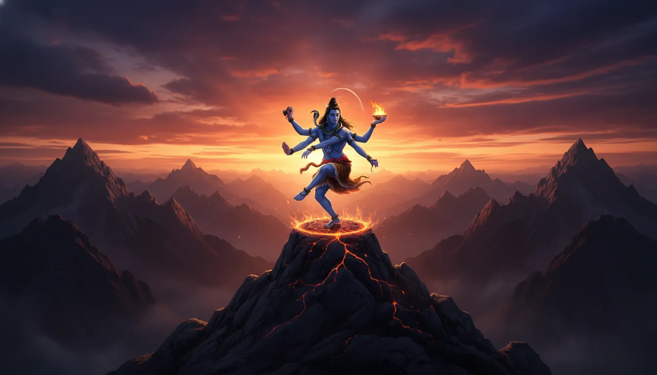 Lord Shiva performing the energetic Tandava dance on a high mountain peak at twilight.