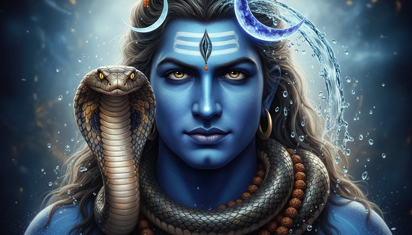 Vibrant and colorful close-up of Lord Shiva with a blue neck, a coiled king cobra, and a glowing crescent moon. Detailed spiritual DP.