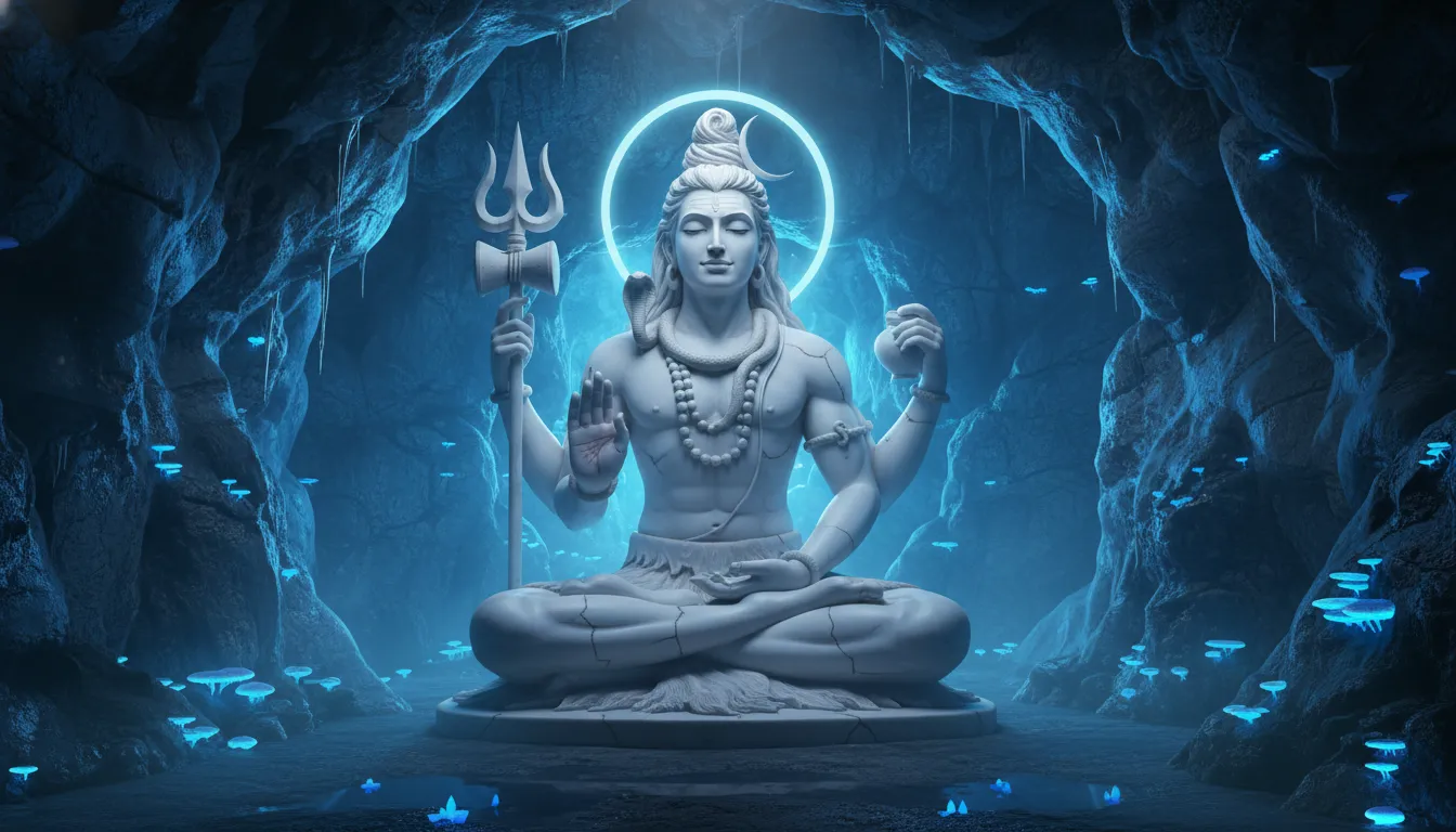 A white Lord Shiva statue sitting in meditation inside a glowing blue cave with a lion sculpture below.