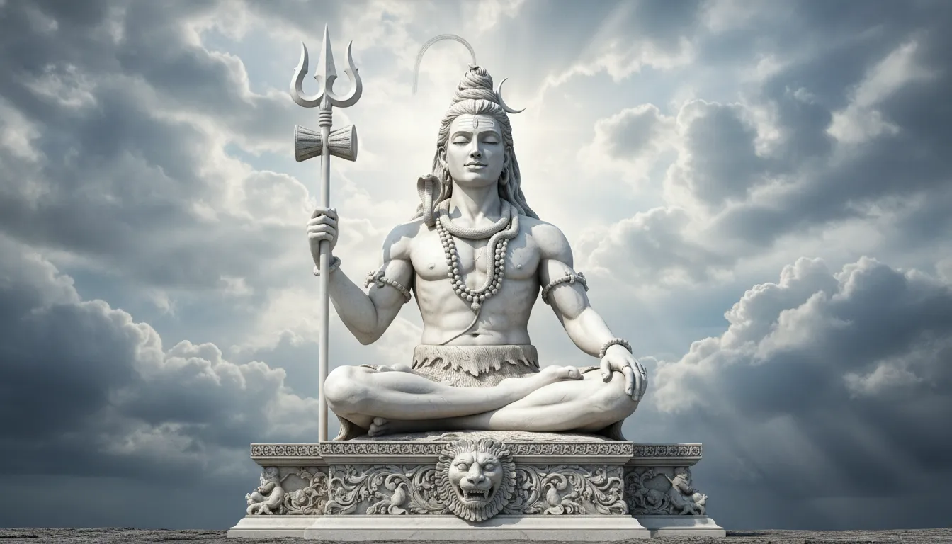 White-toned seated Shiva statue holding a trident on an ornate pedestal with sculpted lion face