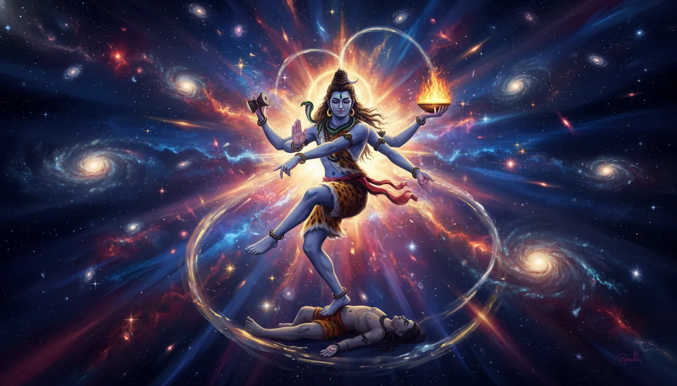 Artistic depiction of Lord Shiva performing the cosmic Tandava dance of creation and destruction, surrounded by stars and nebulae. Dynamic DP.