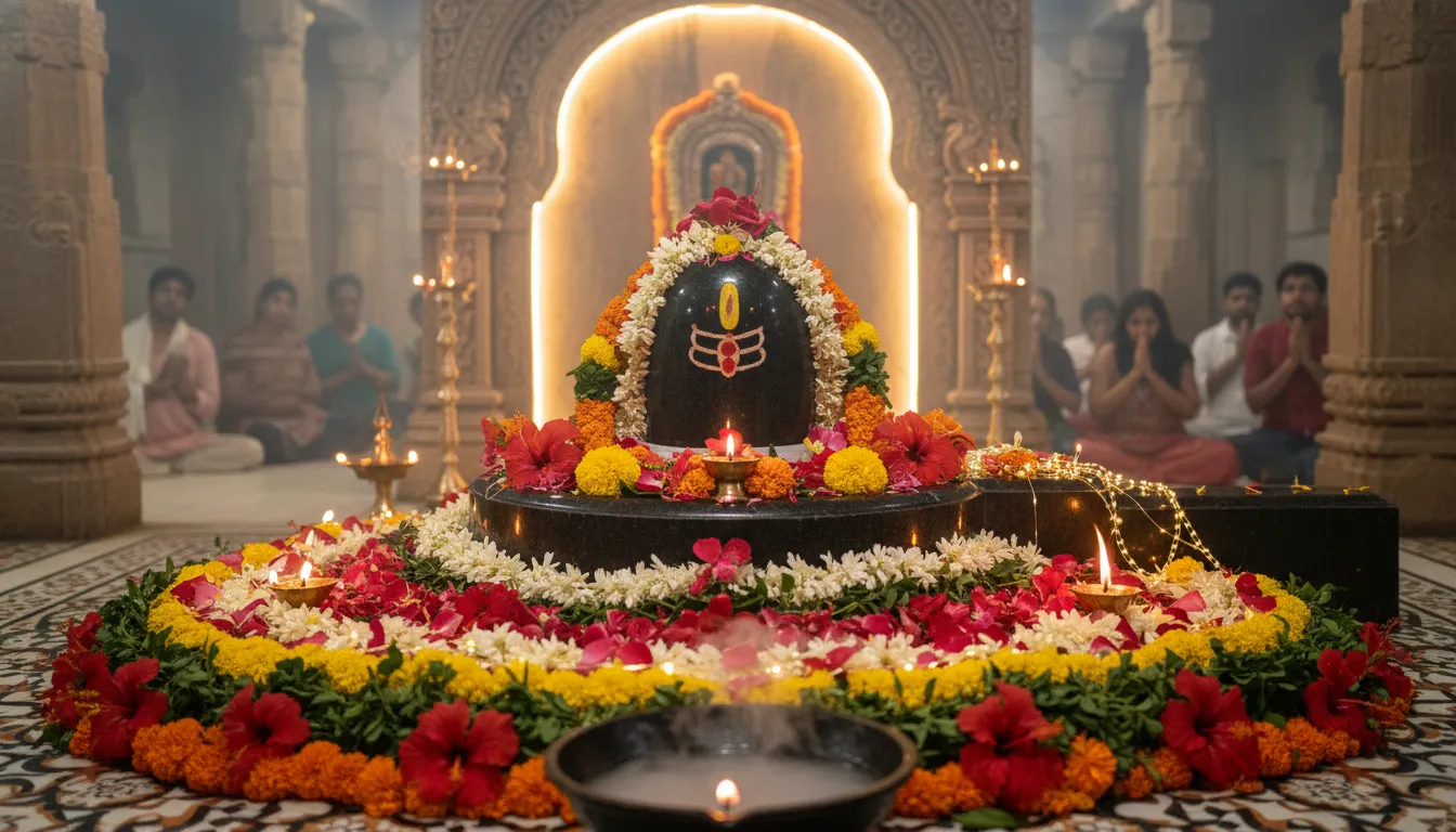 Shivalinga surrounded by fragrant flowers and light