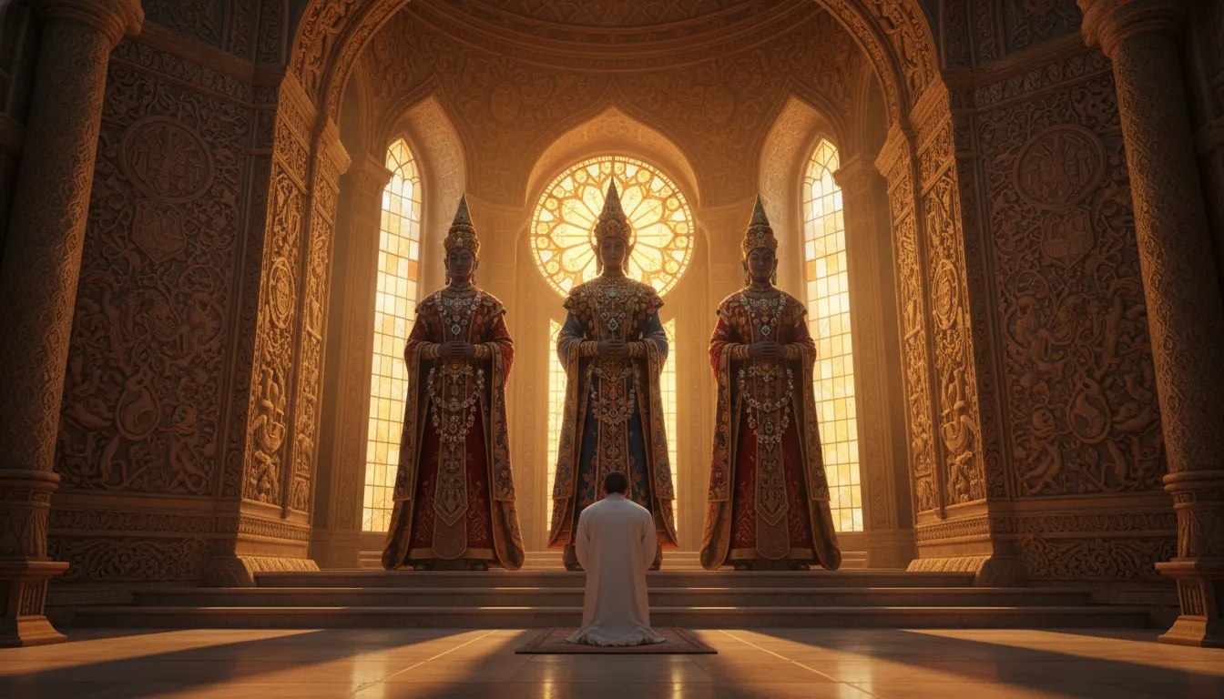 golden temple interior with three standing figures and one kneeling figure