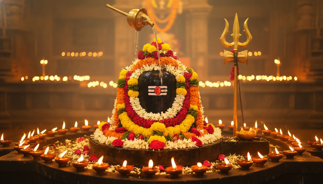 A black Shiva Lingam with colorful flowers, flowing water, diyas, and a trident inside a temple.