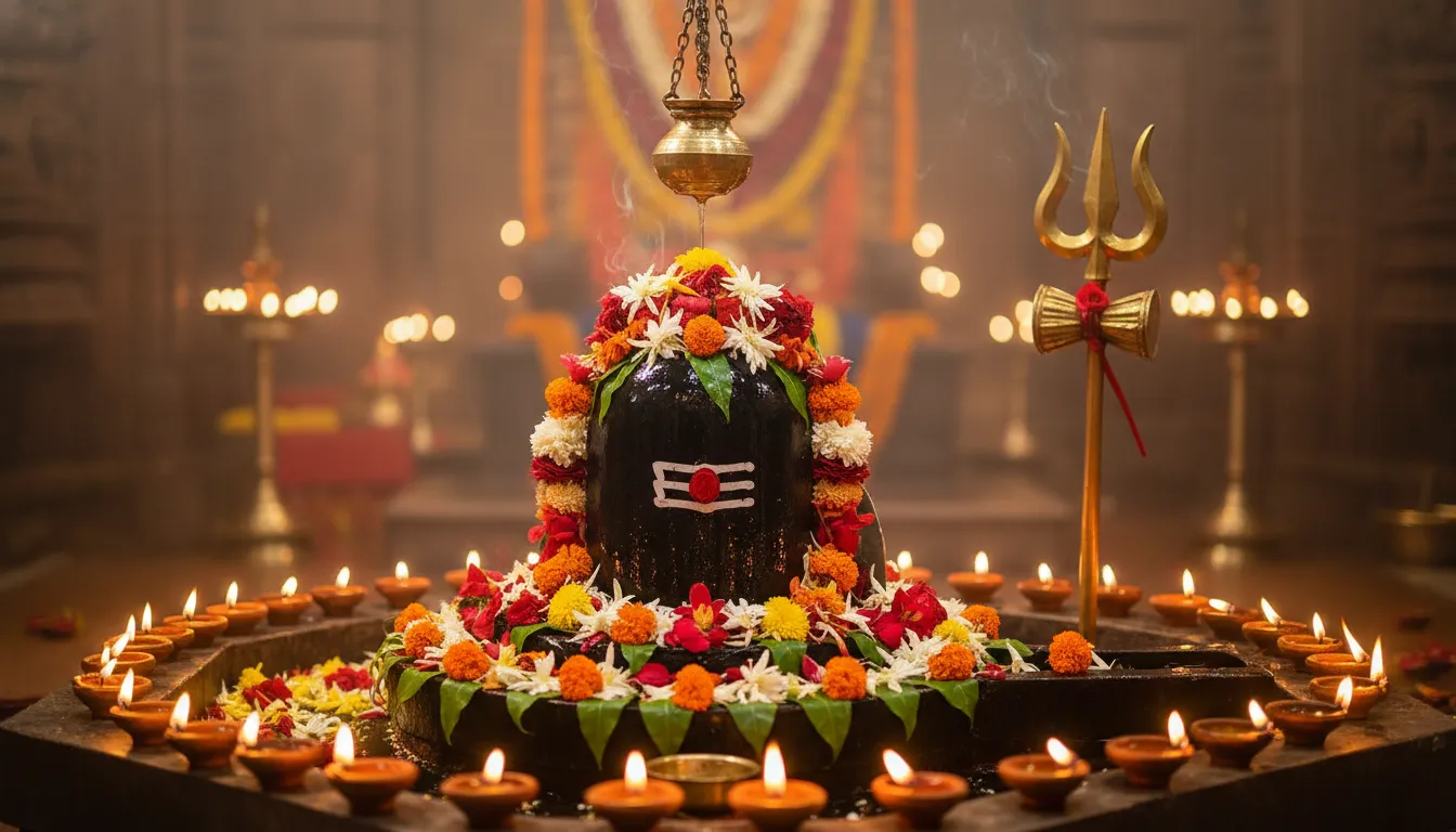 A black Shiva Lingam with colorful flowers, flowing water, diyas, and a trident inside a temple.