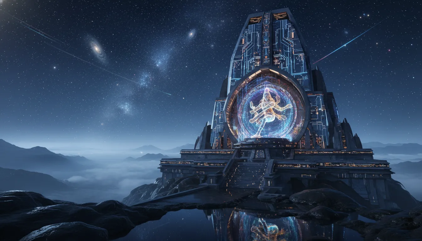 Futuristic temple with holographic Lord Shiva statue and neon lighting.