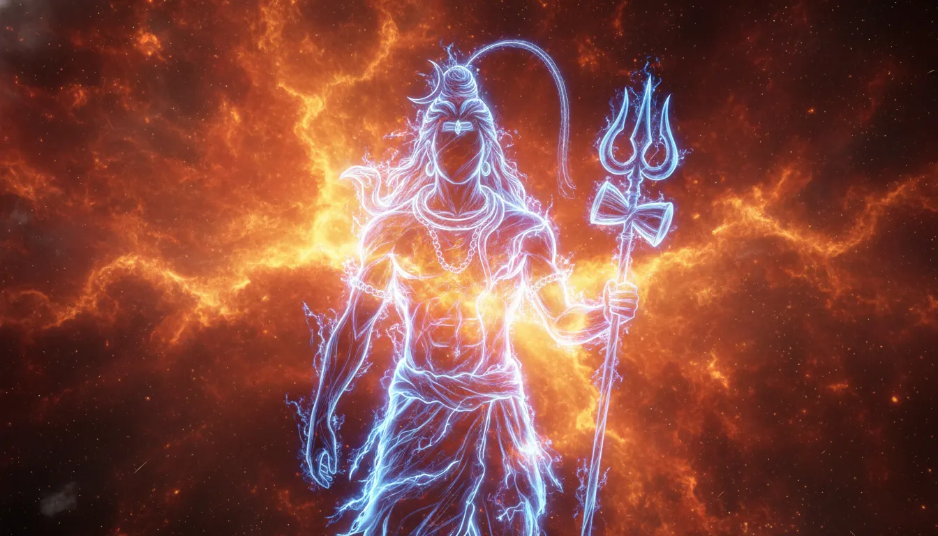 An abstract artistic silhouette of Lord Shiva formed out of glowing blue and orange cosmic flames.