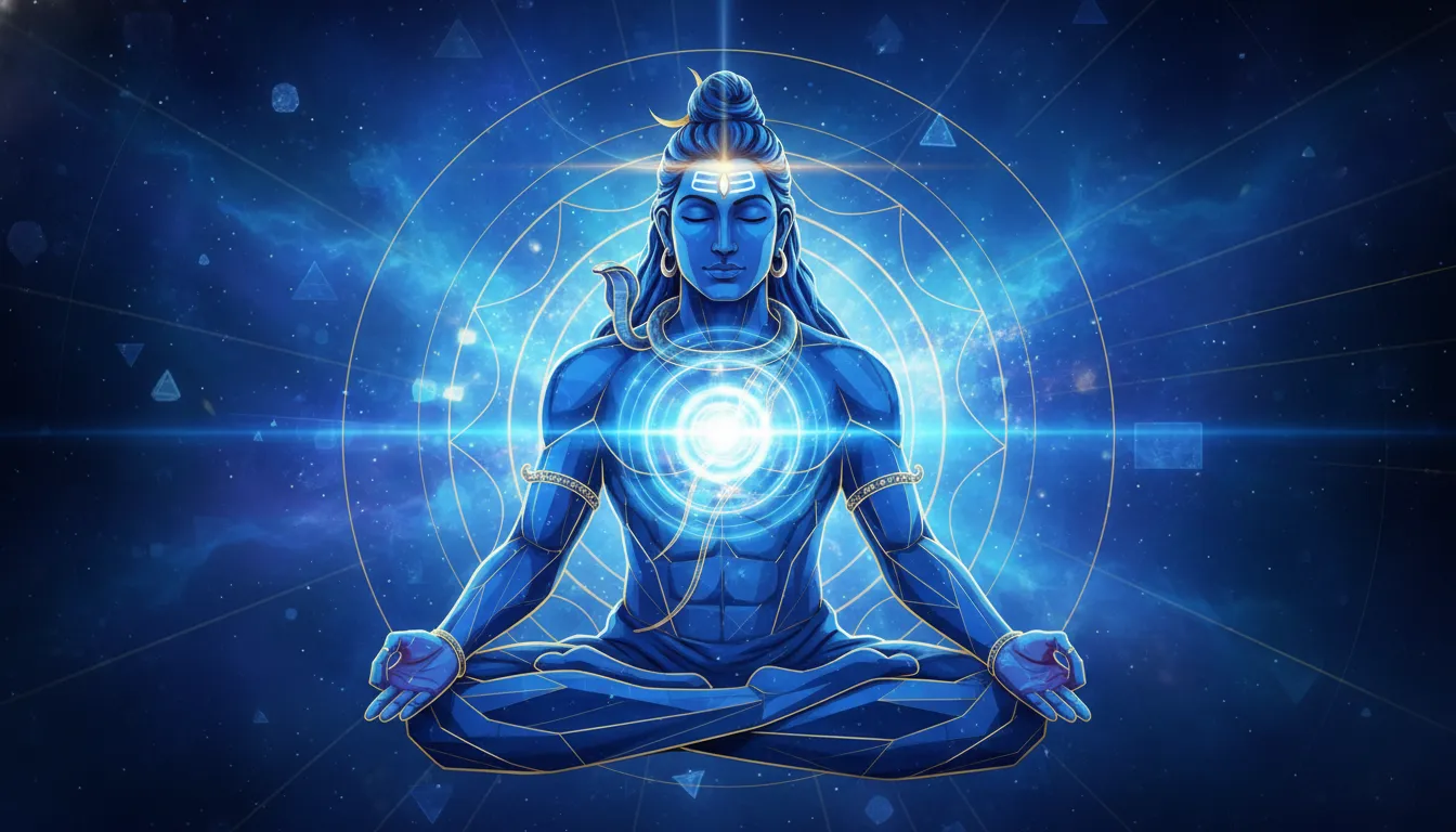 An abstract digital artwork of Lord Shiva meditating with vibrant blue lines.