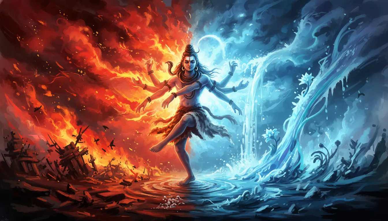 Abstract digital painting of Lord Shiva Tandava dance blending elements of roaring fire and flowing water.
