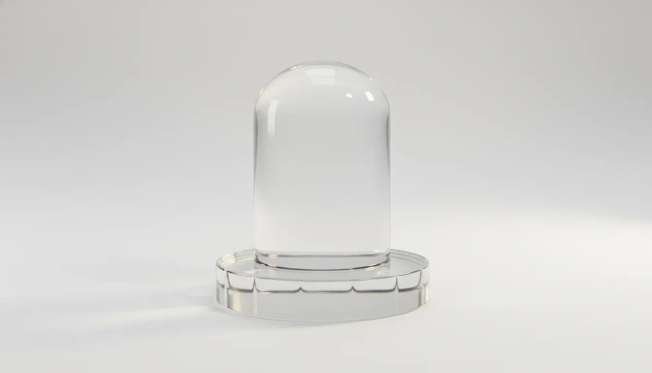 A minimalist abstract Mahadev Pind made of clear translucent crystal on a clean background.