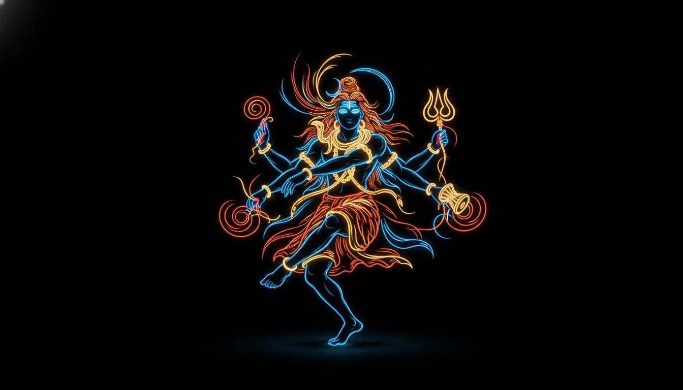 Modern abstract neon line art illustration of Lord Shiva's Nataraja Tandav pose.
