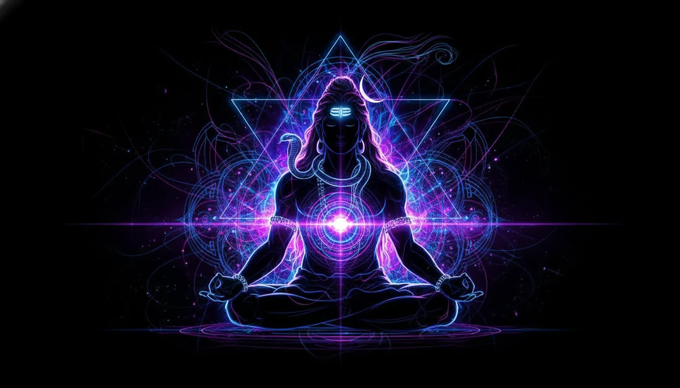 Abstract neon line art of Lord Shiva meditating with glowing blue and purple energy waves.