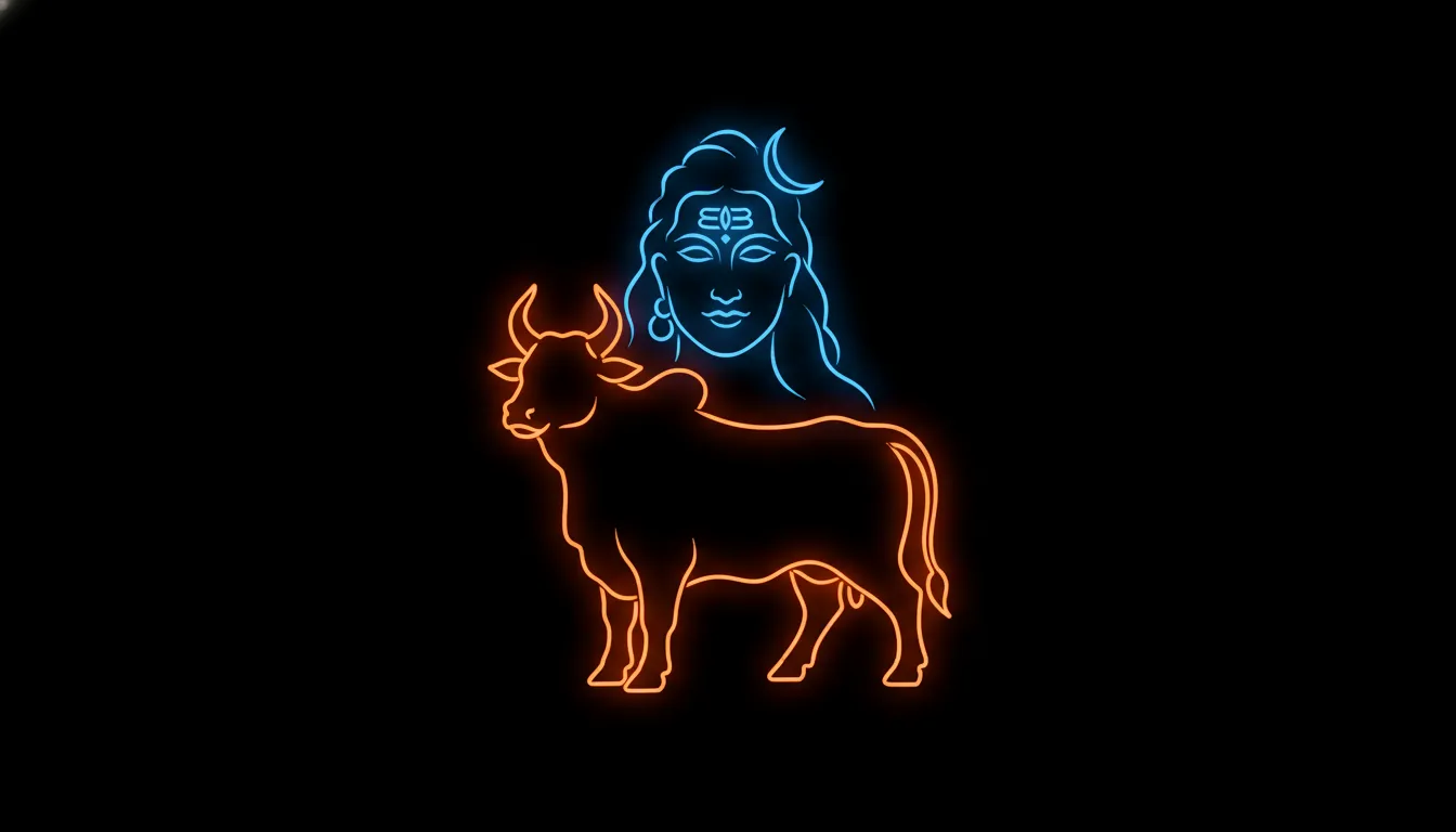 Minimalist neon line art of Lord Shiva's face and Nandi's silhouette.