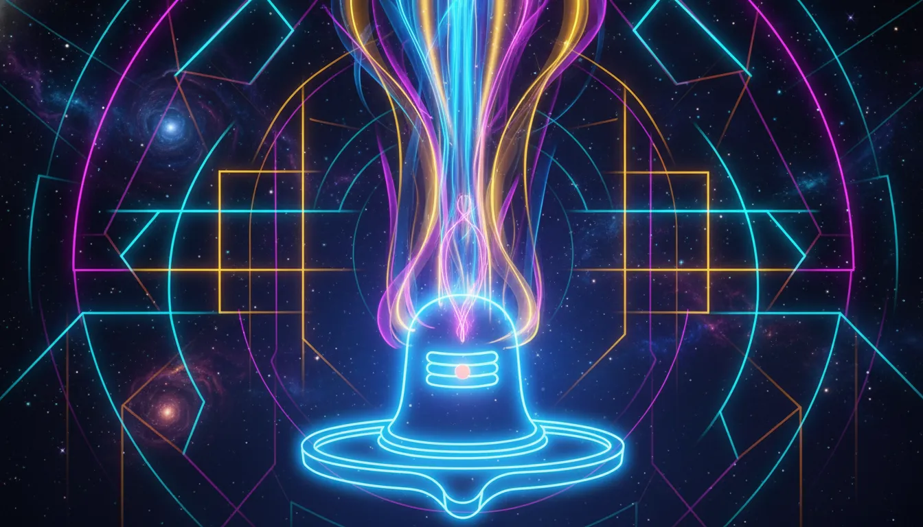 A modern abstract digital art design of a glowing neon Shiva Lingam under a colorful waterfall.