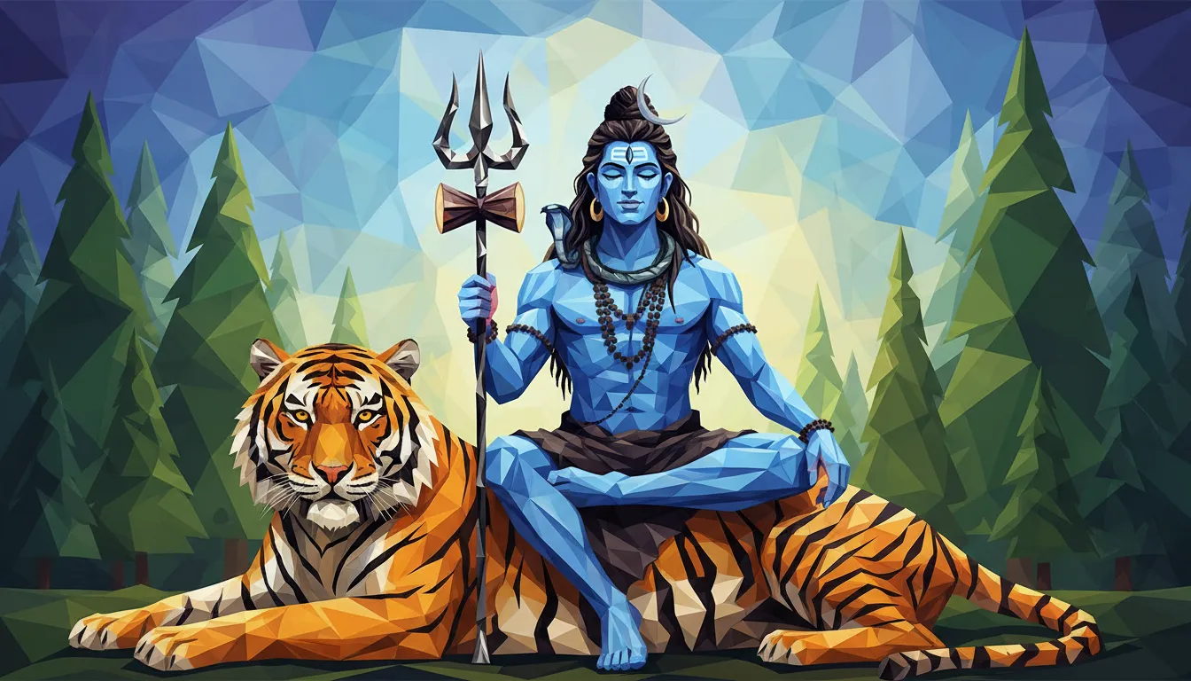 abstract geometric fantasy art of Lord Shiva sitting on tiger with patterns