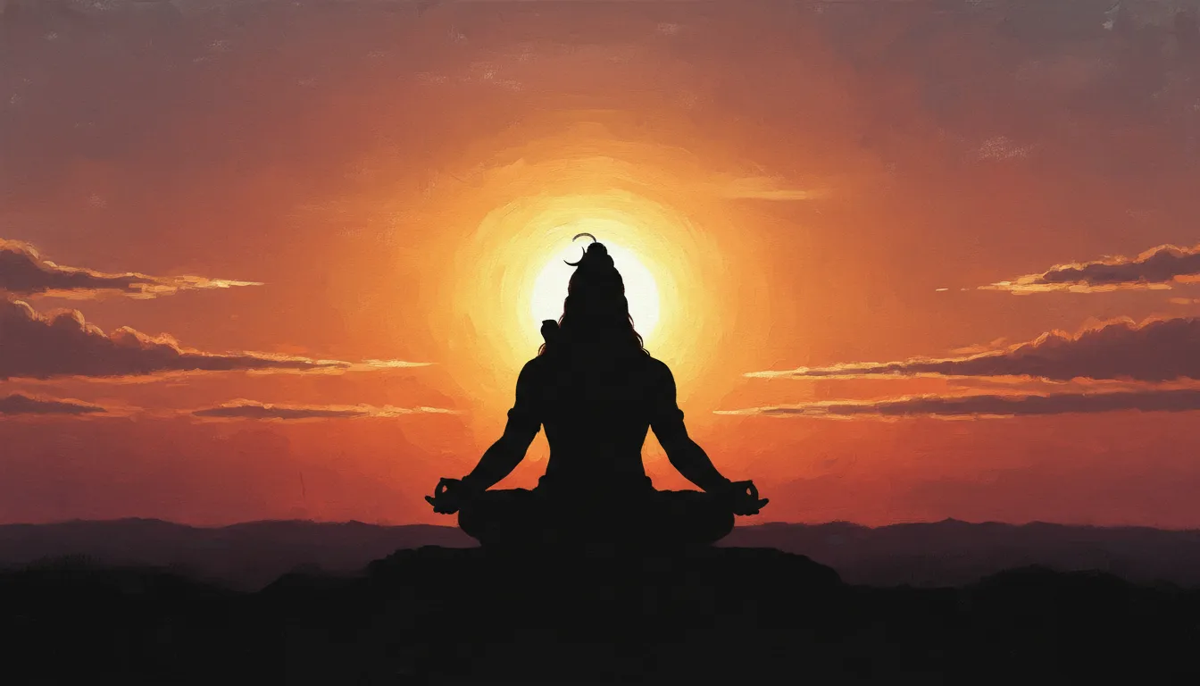 beautiful silhouette of Lord Shiva meditating against a vibrant orange and gold sunset